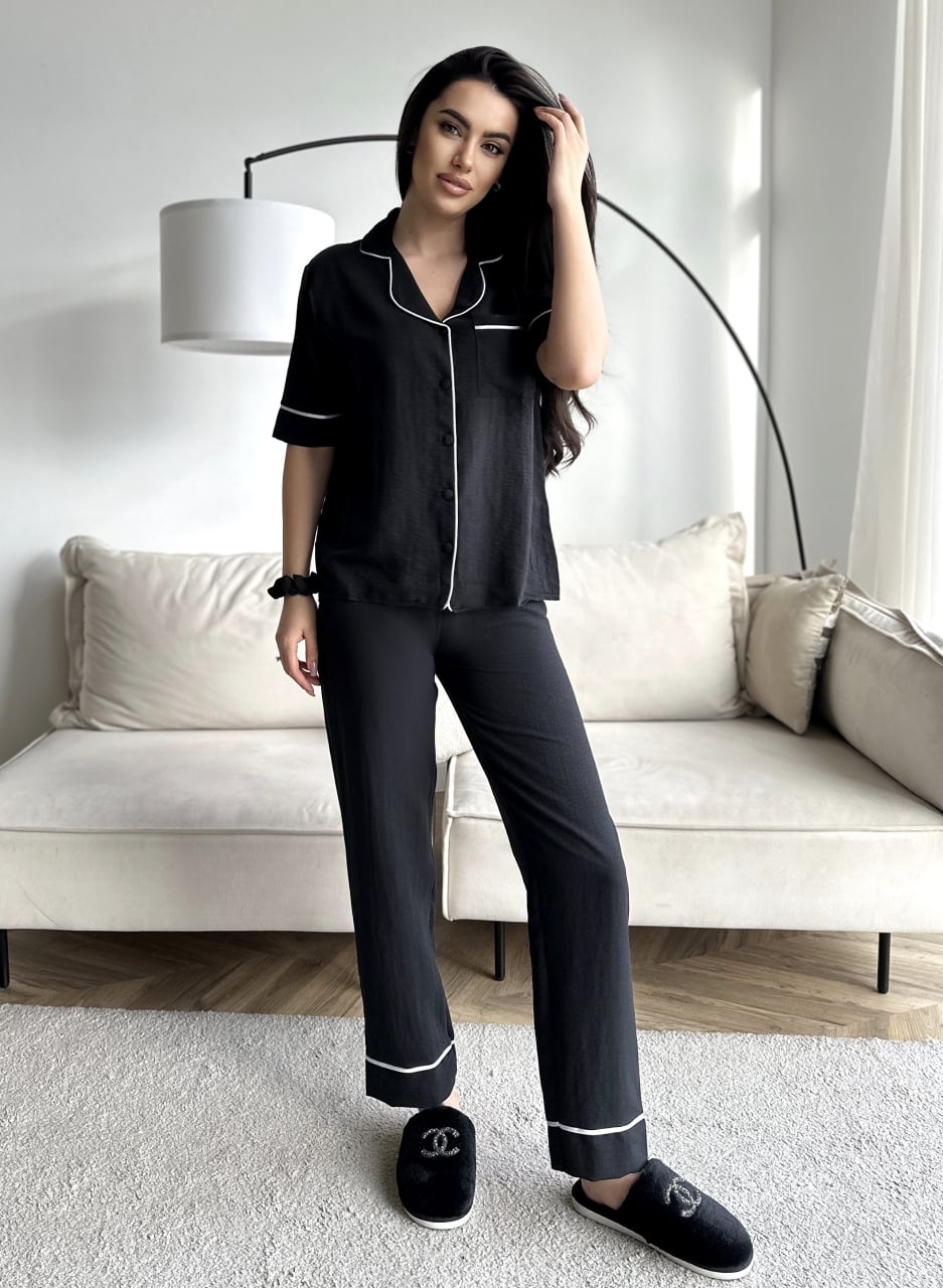 Set Pijama Dama 2 Piese Delis cu Nasturi - Negru