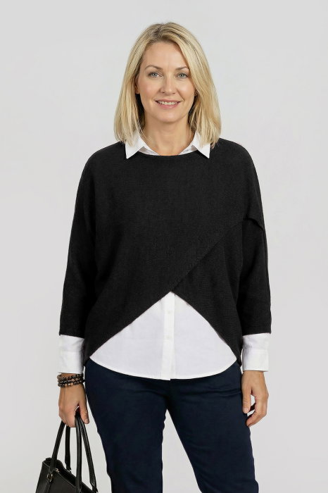 Pulover tip poncho petrecut asimetric, negru