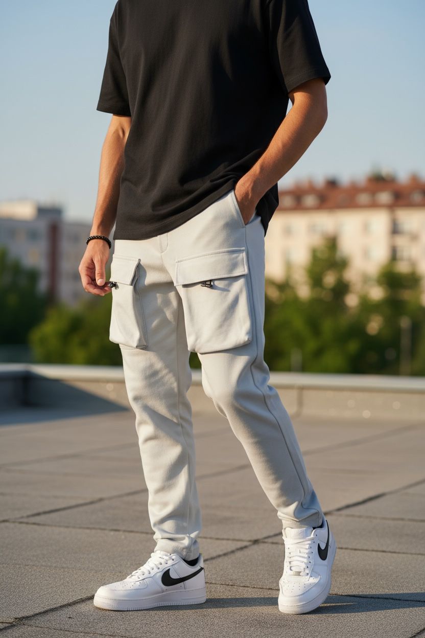 Pantaloni Trening Cargo Gri Conici