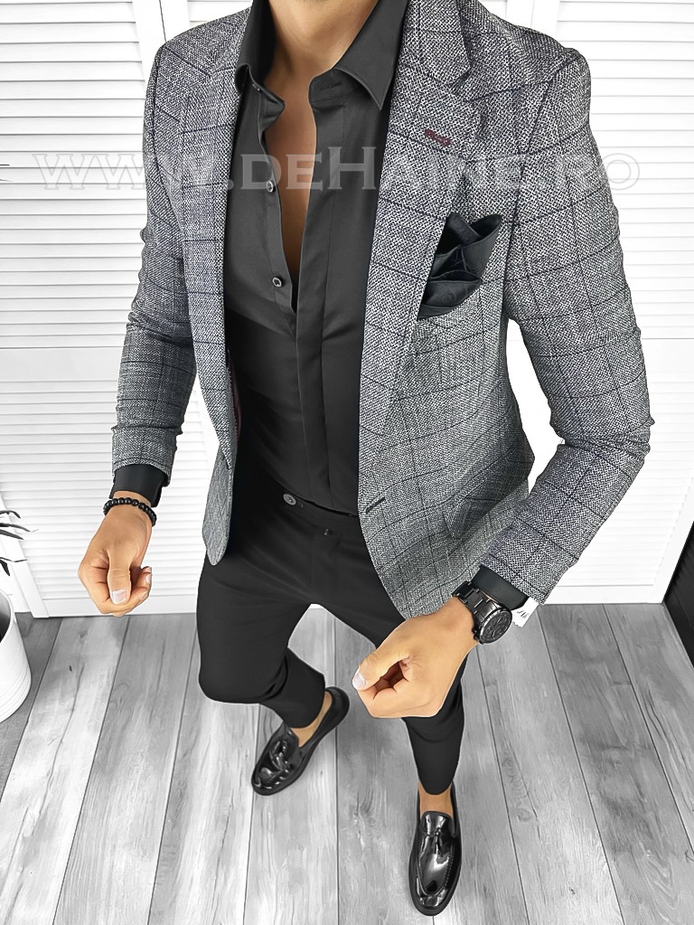 Sacou Barbati Slim Fit Gri in Carouri