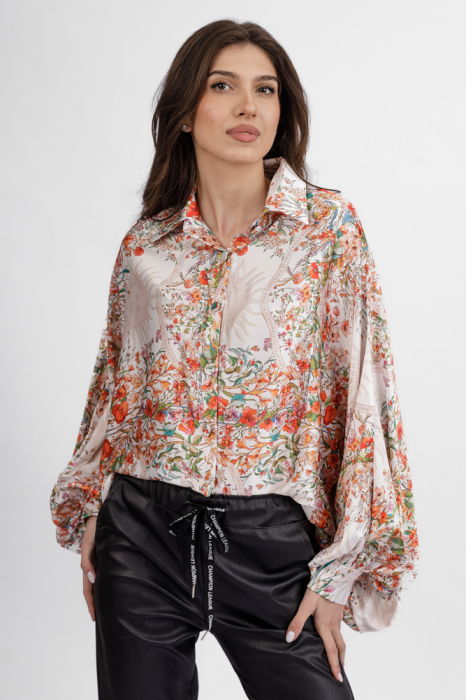 Cămașă Oversize Satin cu Flori | Shopika