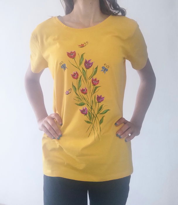 Tricou Pictat Manual Fluturi & Lalele | Shopika