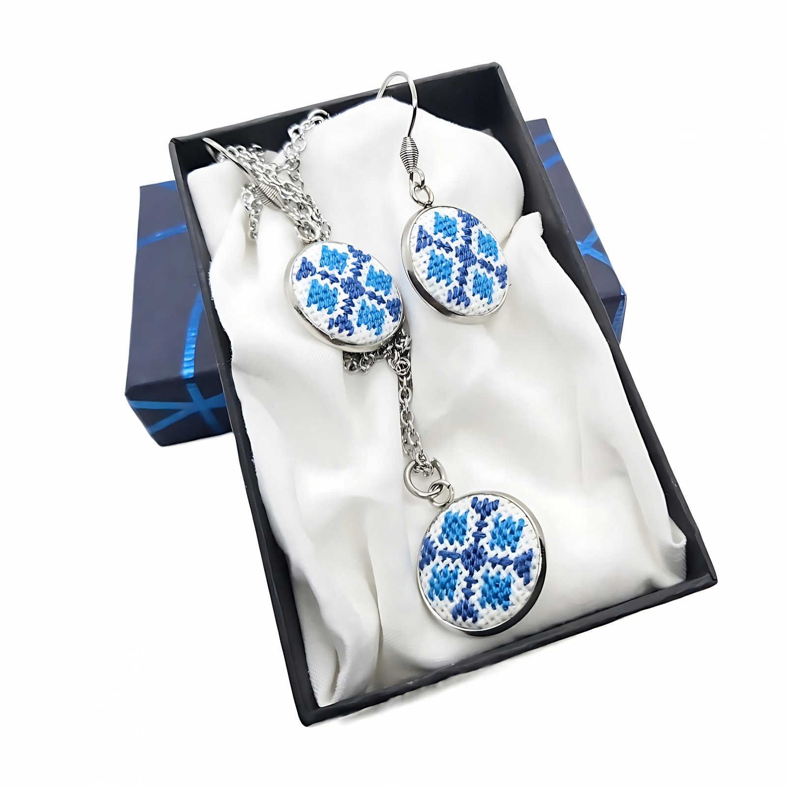 Set bijuterii inox broderie traditionala model etno albastru   cross