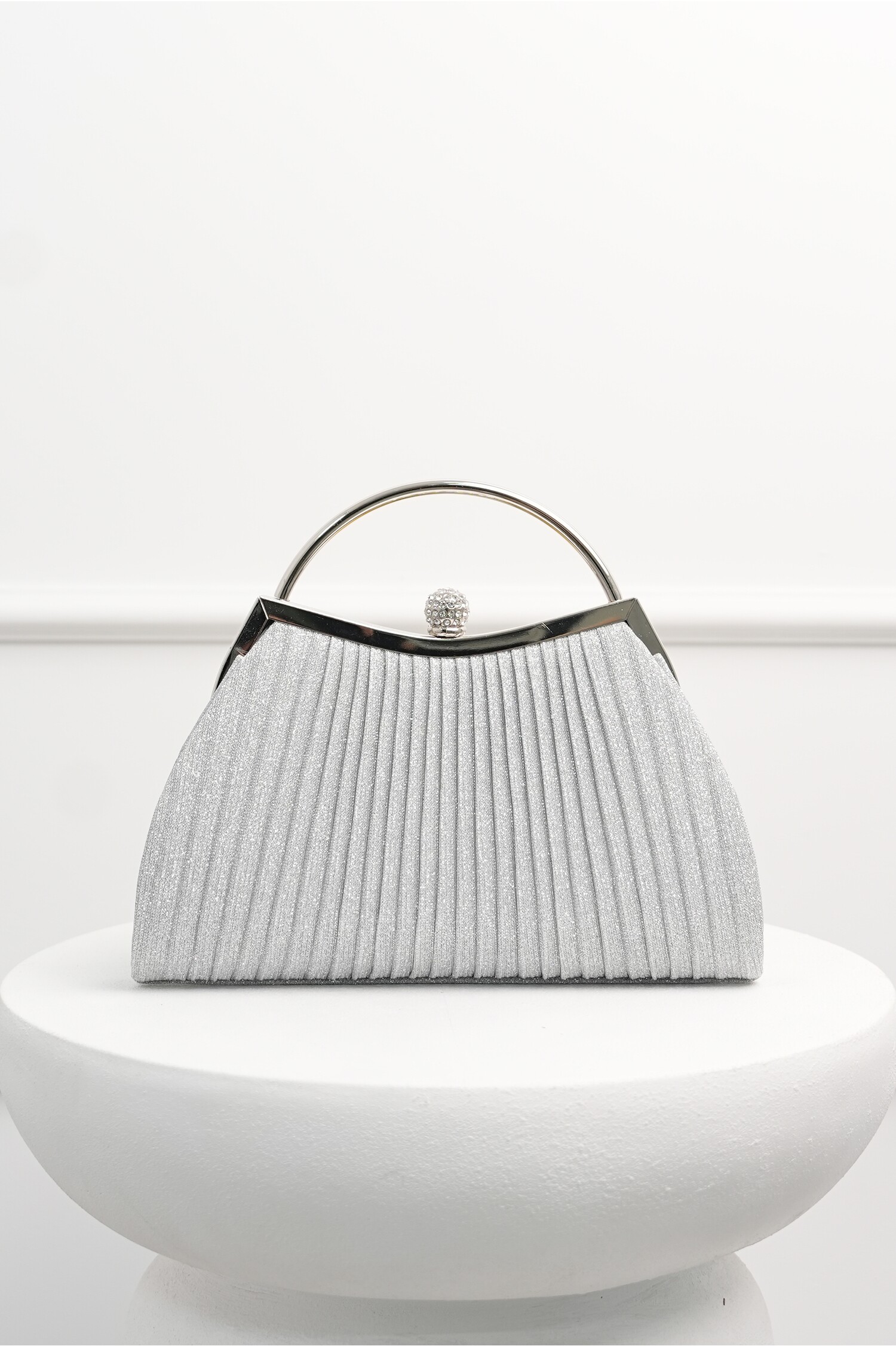 Clutch Lurex Argintiu cu Mâner Metalic Rotund