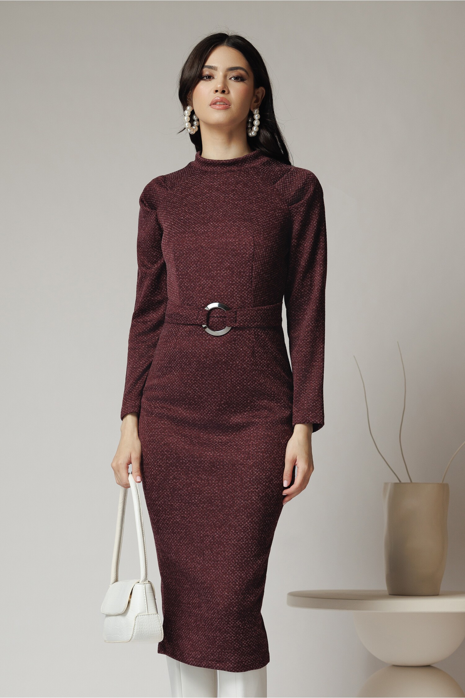 Rochie Office Eleganta Burgundy cu Catarama