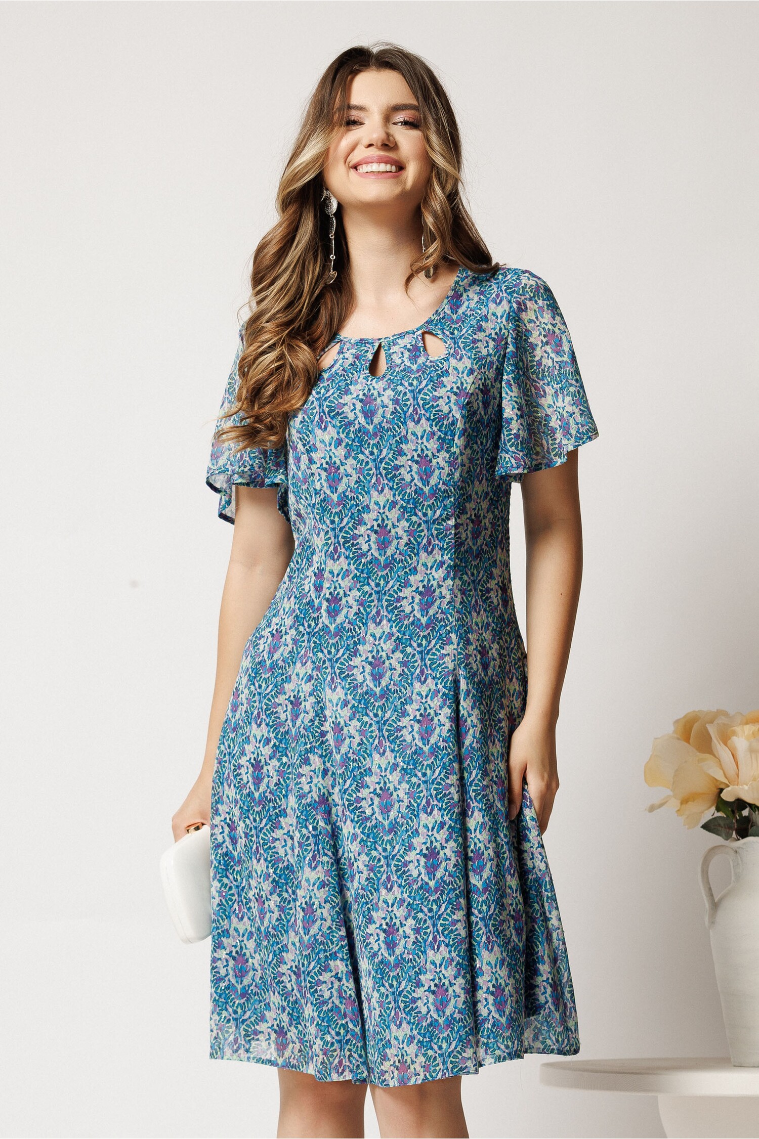 Rochie midi turcoaz elegantă pentru cununie civilă