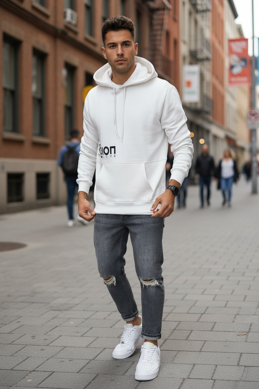 Hanorac Barbati Slim Fit Alb Vatuit - Stil Casual