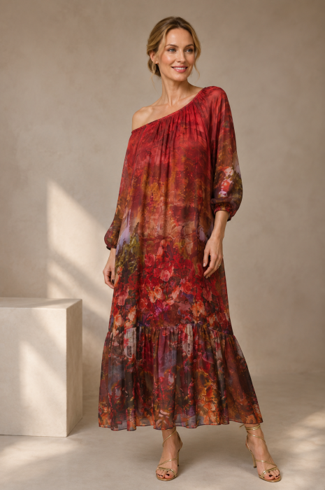 Rochie lunga din matase si vascoza, cu imprimeu floral artistic, rosie
