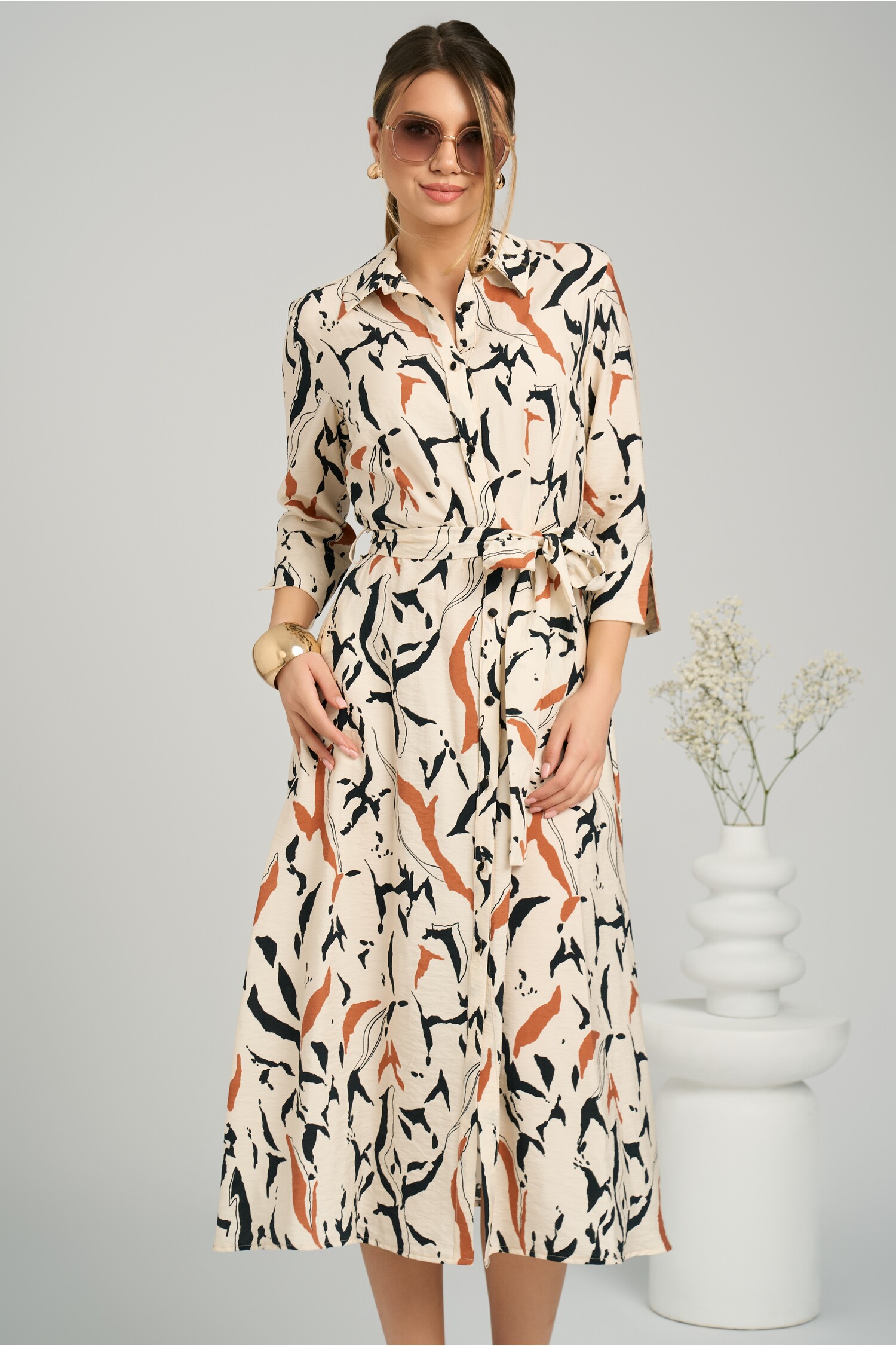 Rochie Midi Elegantă cu Imprimeu și Cordon