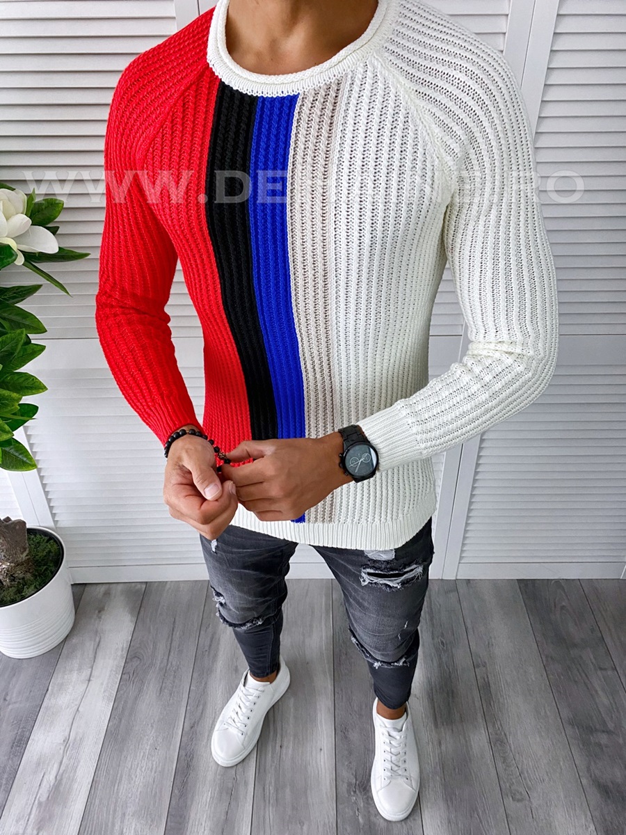 Pulover Barbati Slim Fit Alb Elegant