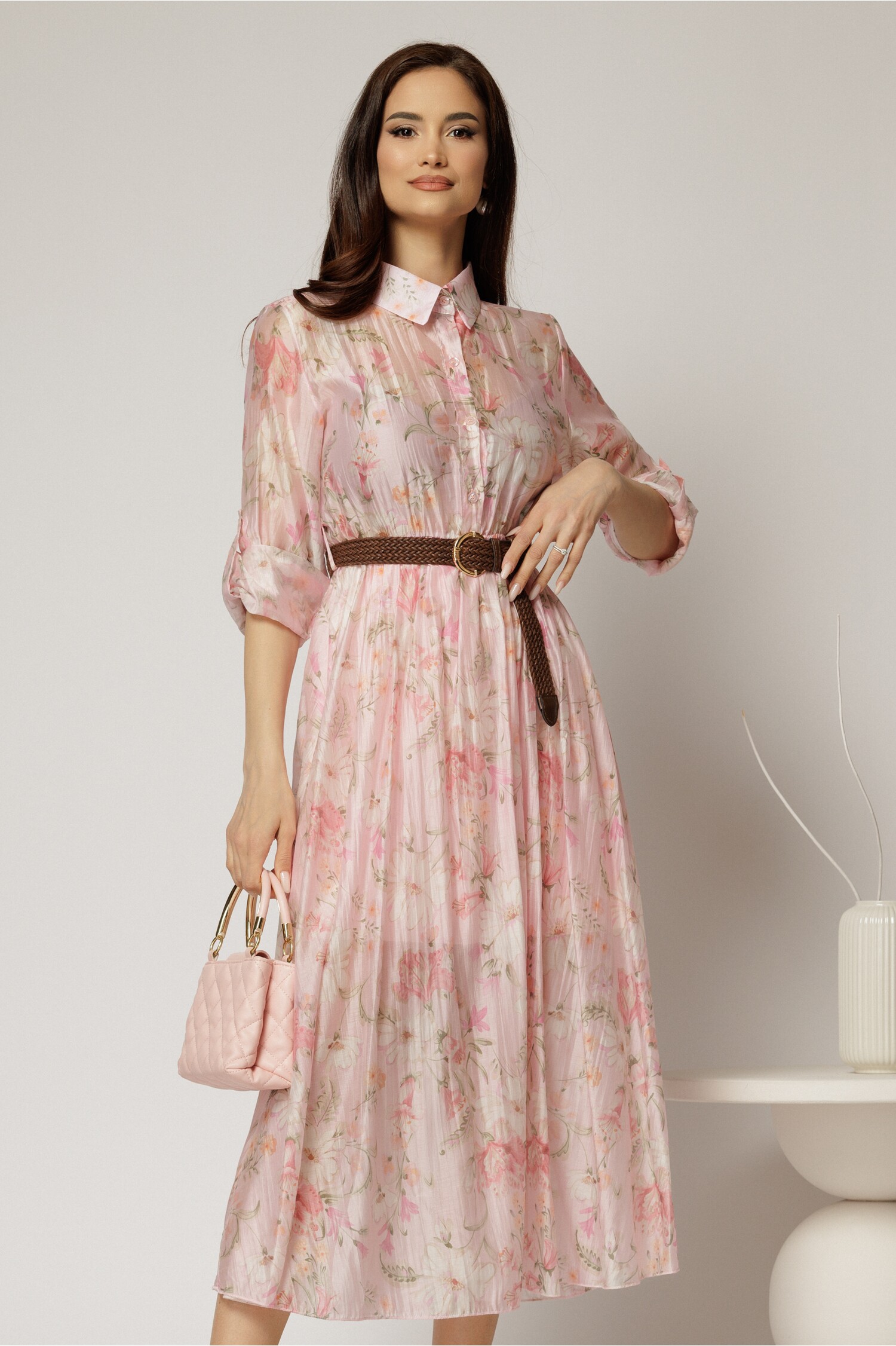 Rochie Midi Roz Tencel cu Imprimeuri