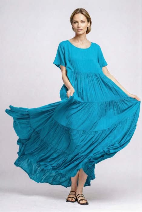 Rochie lungă boemă Shopika cu volane, Albastru