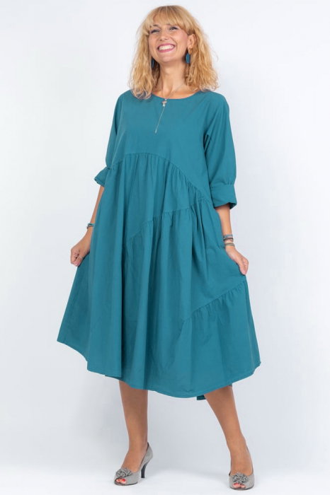 Rochie turcoaz oversize, cu maneca scurta, cu trei volane asimetrice, din poplin satinat