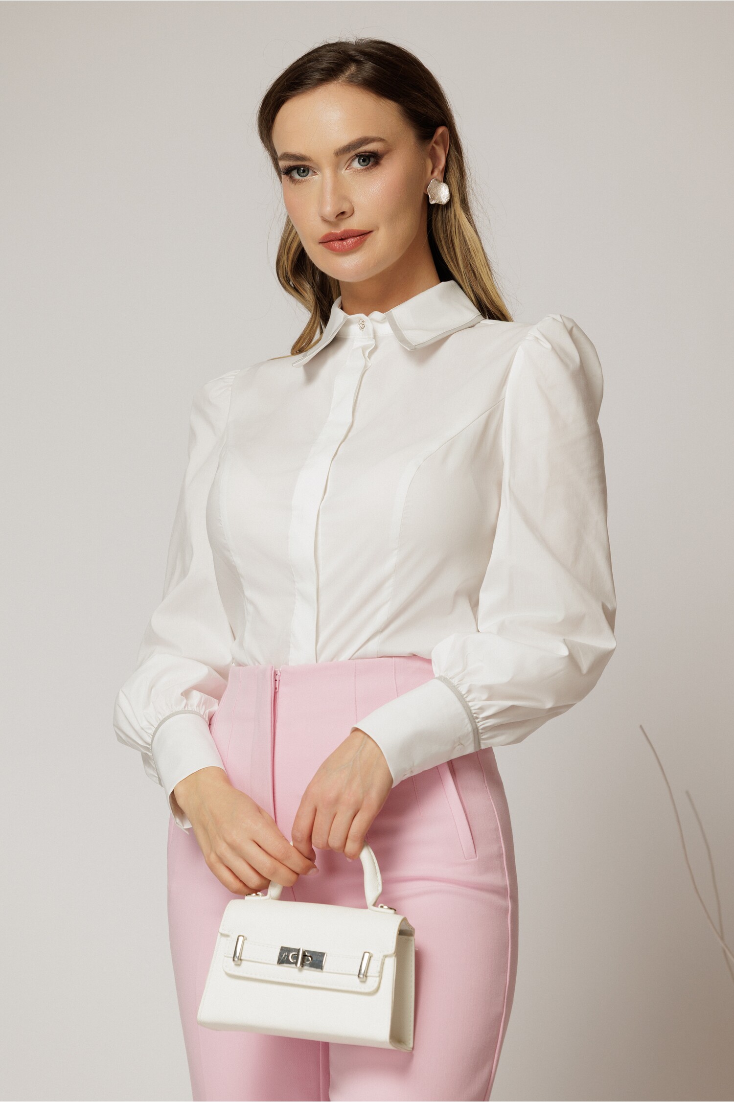 Cămașă DY Fashion Alba Cambrată cu Inserții la Guler