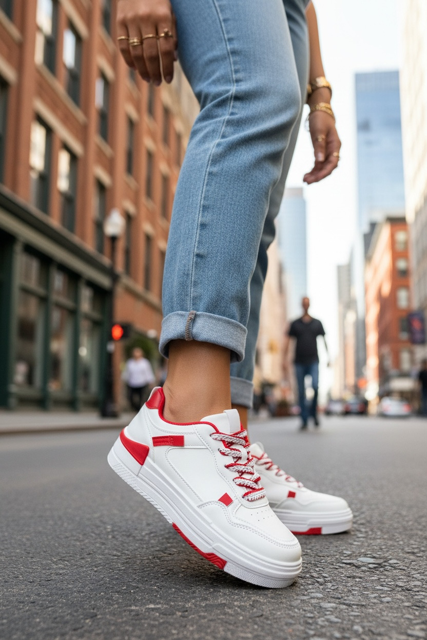 Adidași Dama Albi cu Roșu - Model Casual Confortabil