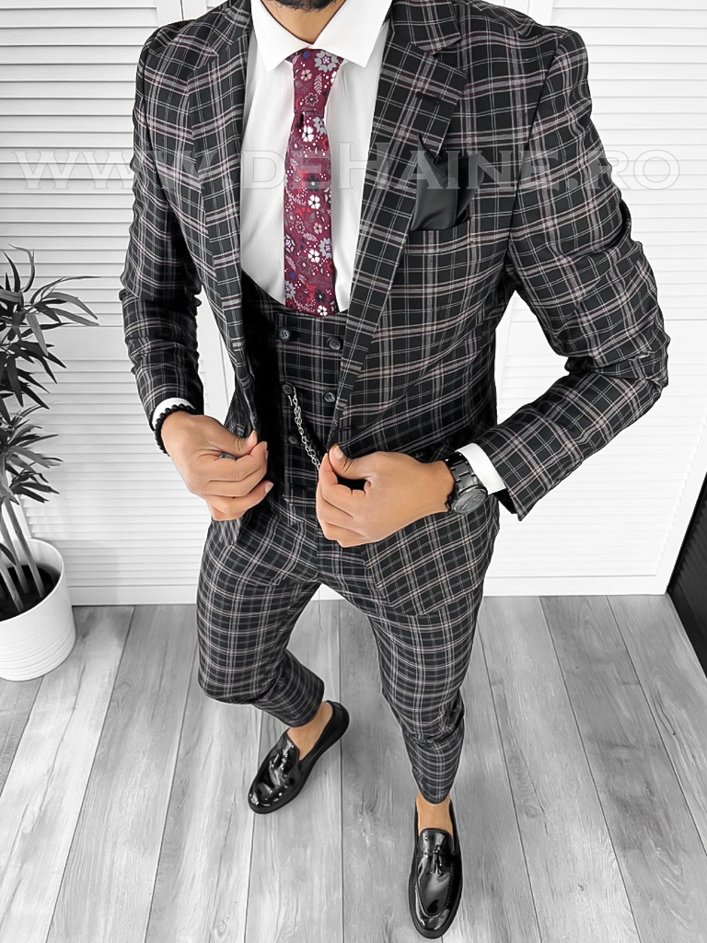 Costum Barbati Slim Fit Negru Carouri B7916