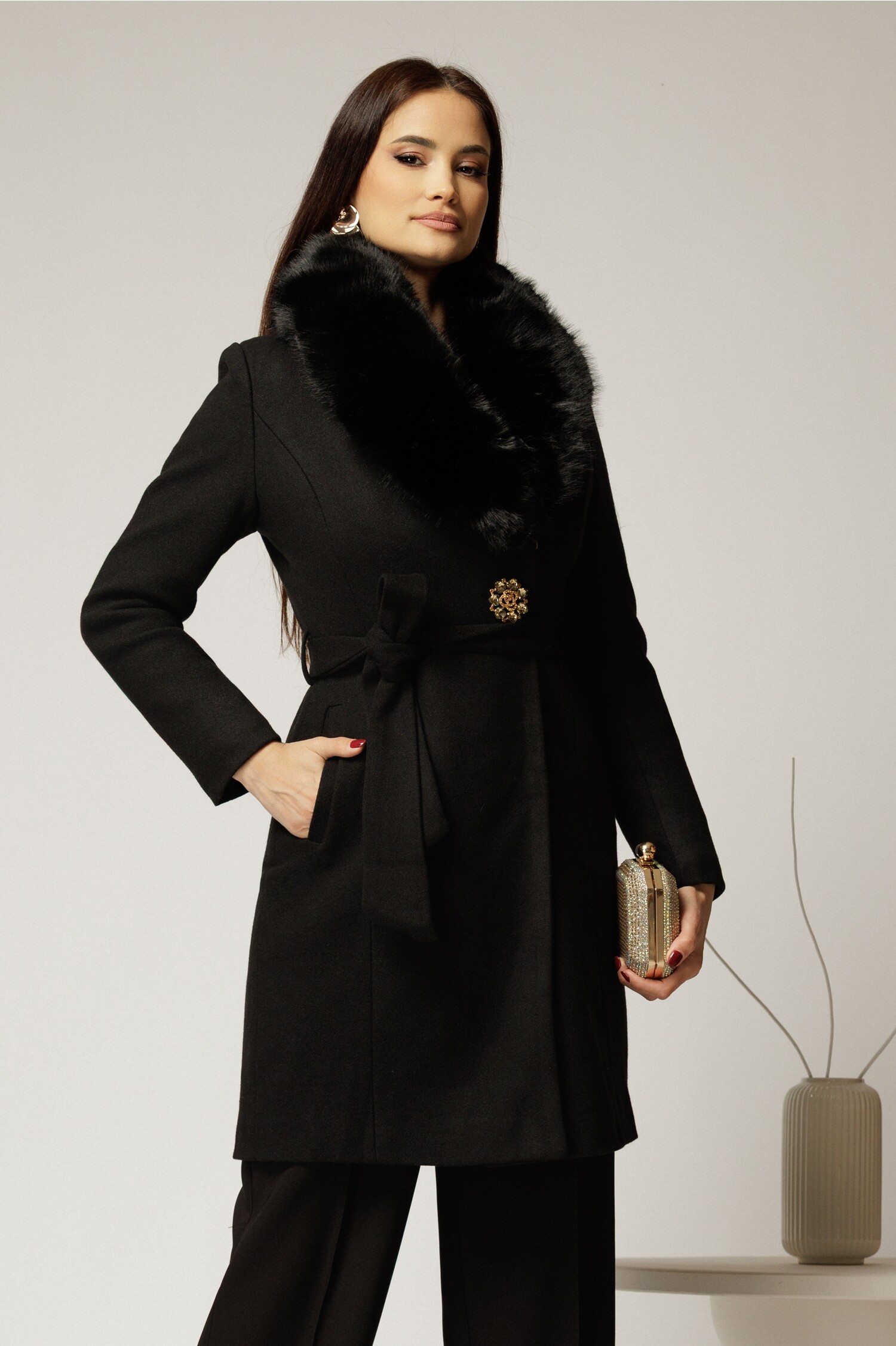 Palton Negru Elegant cu Blaniță Detașabilă