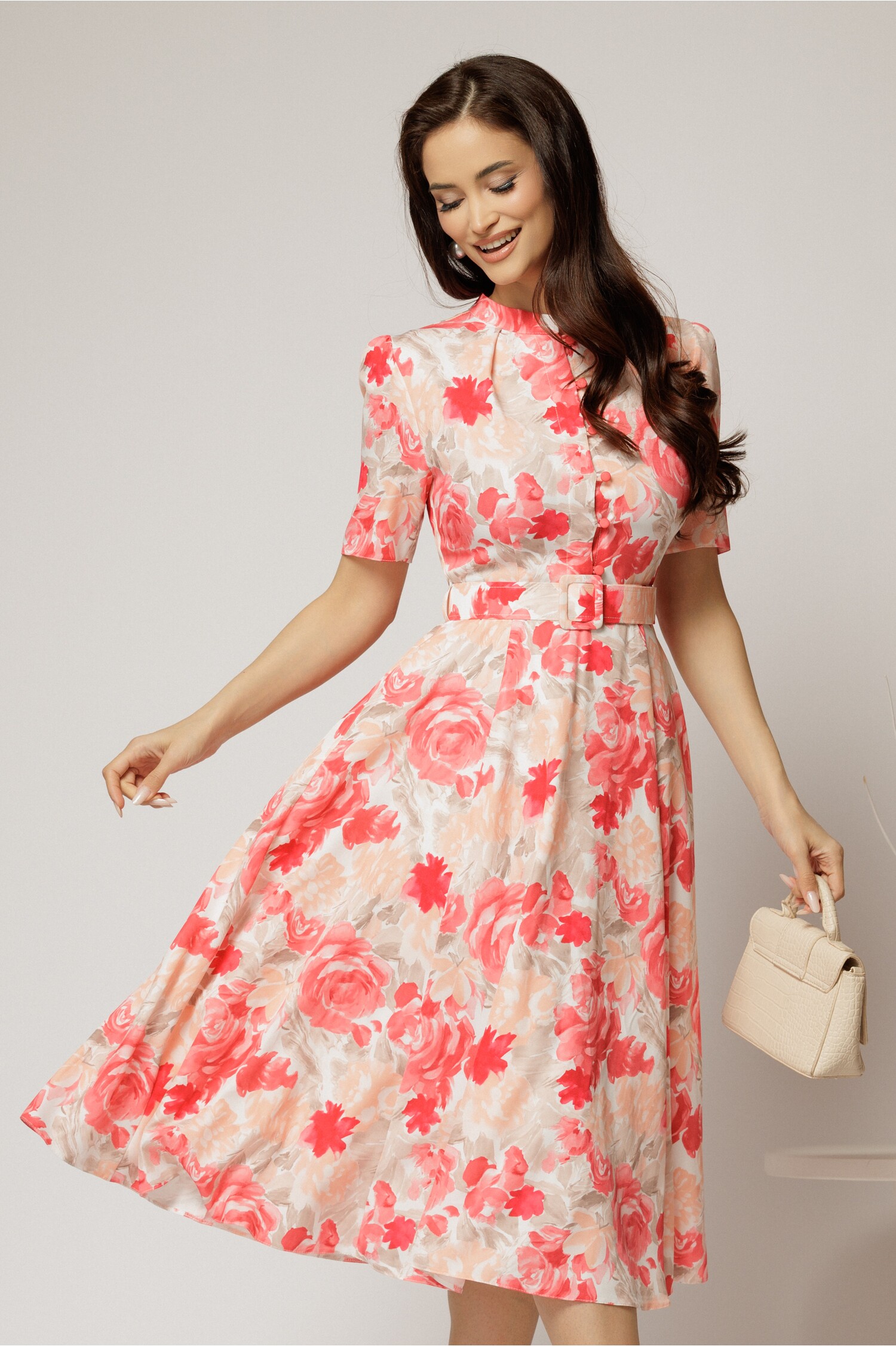 Rochie DY Fashion Midi Bej cu Imprimeu Corai
