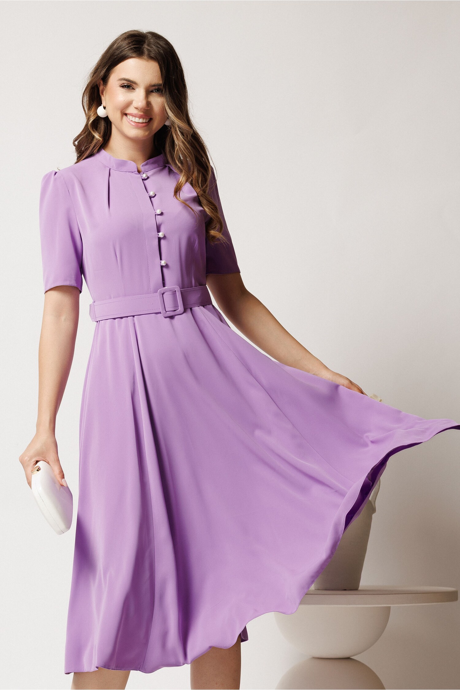 Rochie Midi Lila Clos cu Nasturi - Eleganță Pură