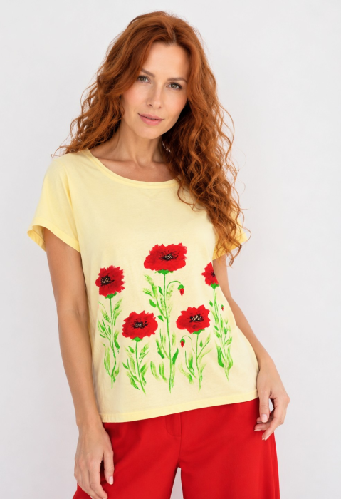 Tricou din bumbac galben, pictat manual, cu maci