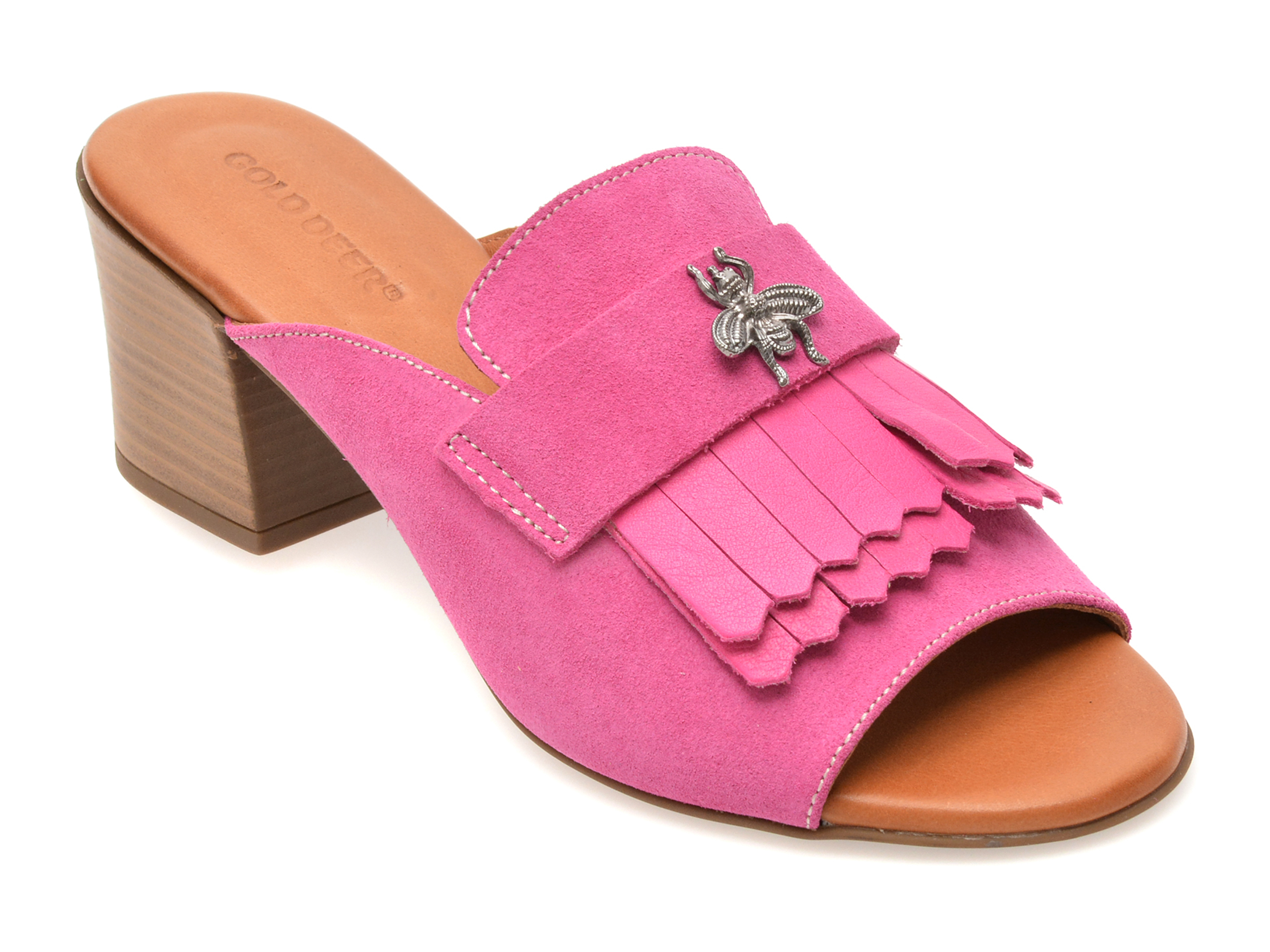 Papuci Gold Deer Fucsia Piele Intoarsa Confort