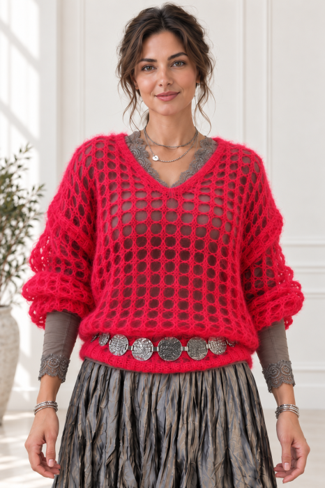 Pulover plasa cu mohair, cu model foarte fin , un pulover accesoriu chic rosu carmin