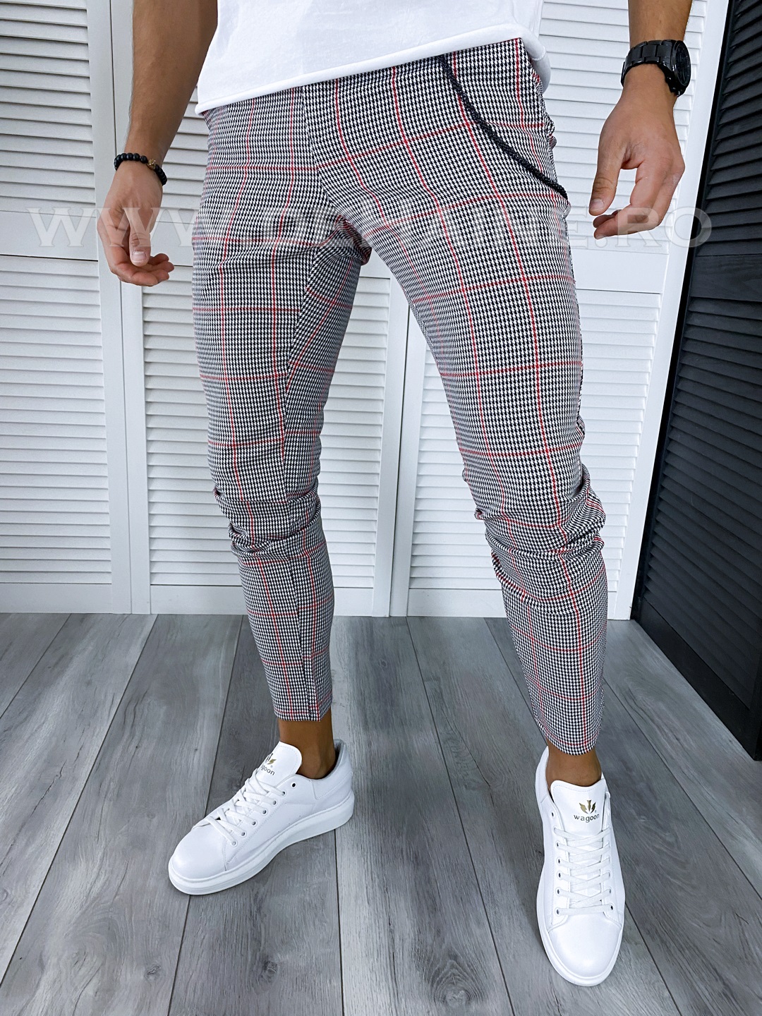Pantaloni Barbati Casual Gri Carouri Confort Bumbac