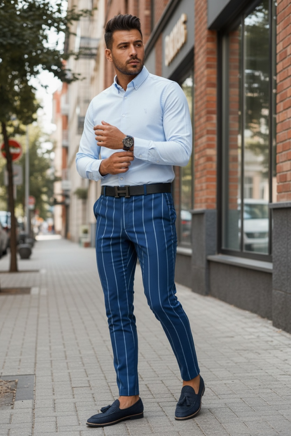 Pantaloni barbati eleganti albastri 100% bumbac - imagine 2