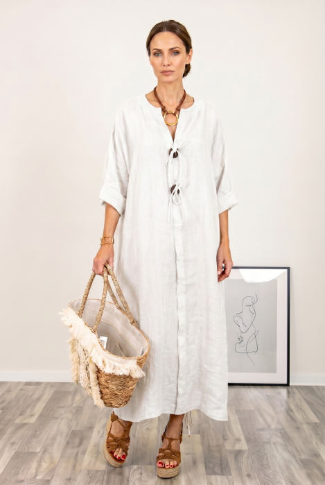 Rochie oversize din in, cu nasturi pe piept, alba