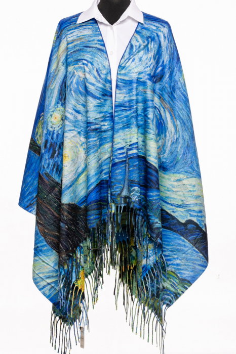 Esarfa poncho din casmir cu dubla fata, cu model inspirat  dupa   Noaptea Instelata   a lui Van Gogh