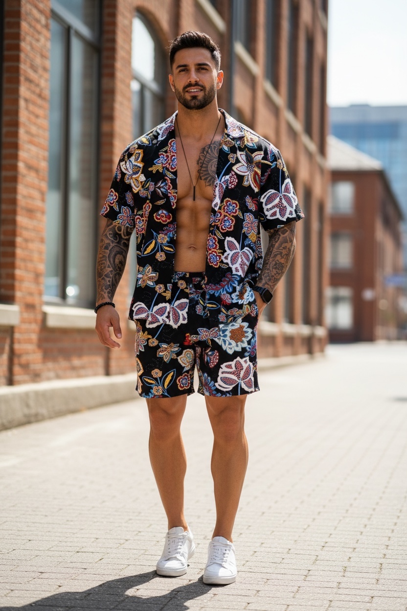 Compleu Vara Barbati Slim Fit cu Camasa Imprimeu - imagine 2