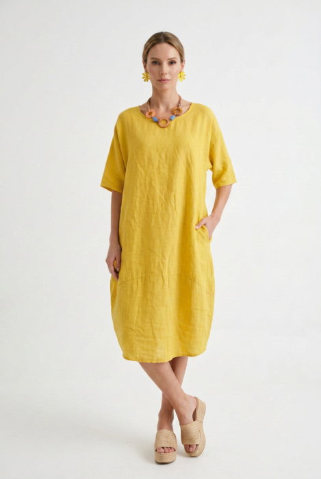 Rochie lejera de vara din in cu croi lalea oversized, galben turmeric