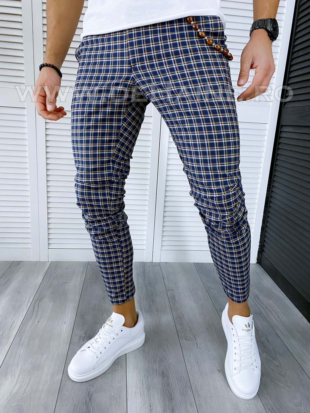 Pantaloni Barbati Casual in Carouri din Bumbac