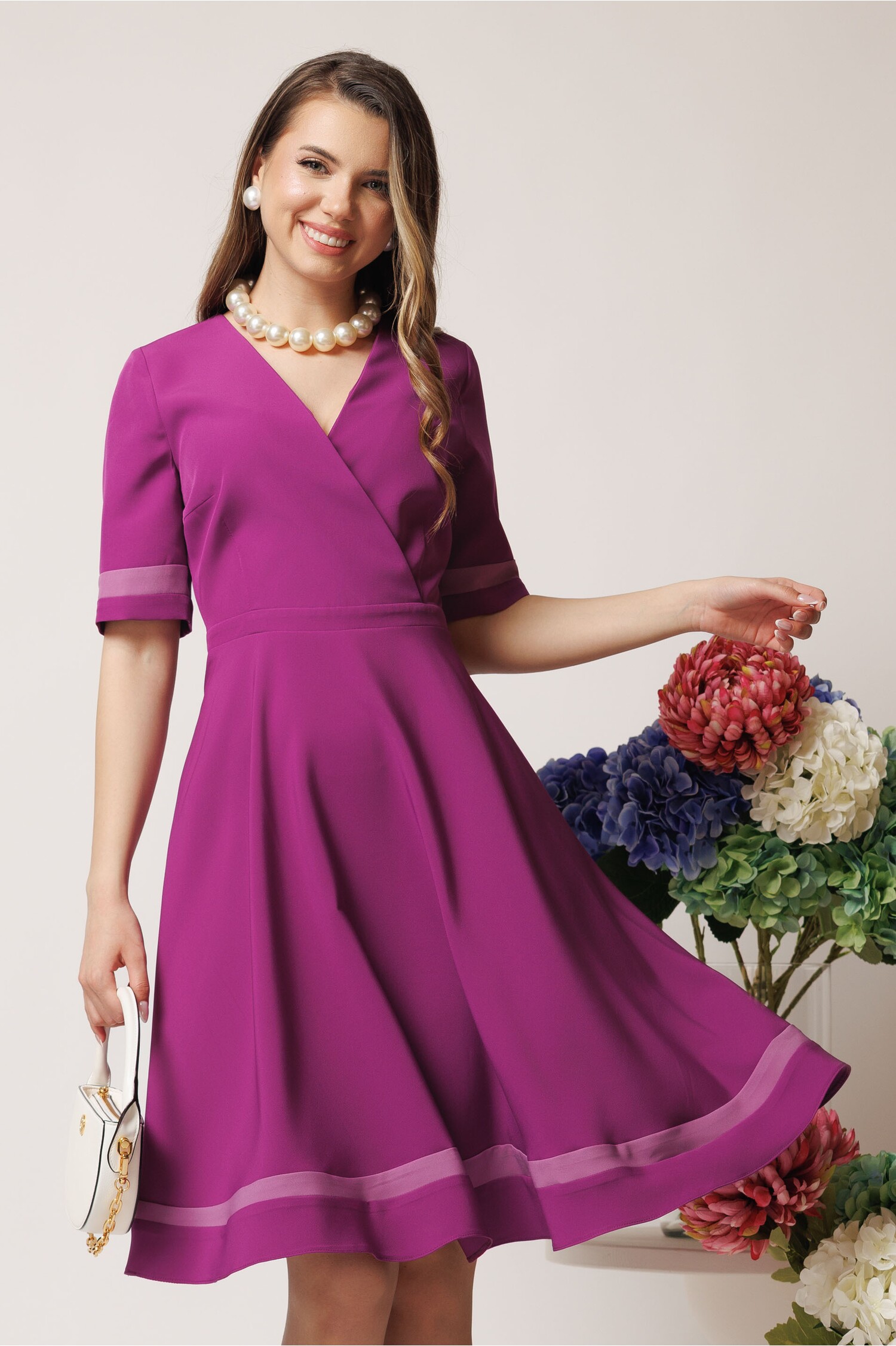 Rochie Office Mov cu Benzi Lila DY Fashion