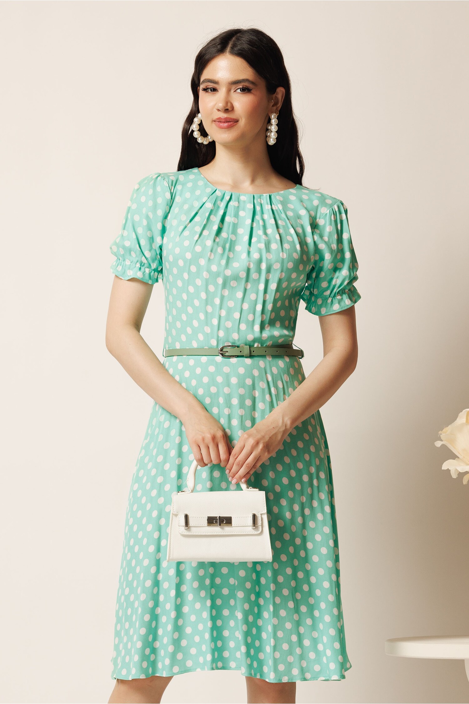 Rochie Midi Verde Mint Viscoză cu Clos și Cureă