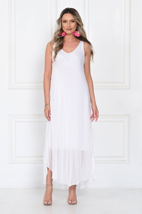 Rochie lunga din matase cu croi fluid si bretele fine, eleganta, alba