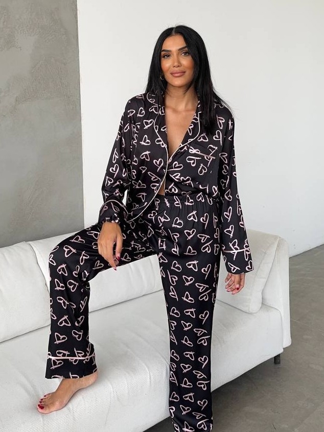 Set Pijama Delis Nasturi Satin Mat Negru - imagine 6