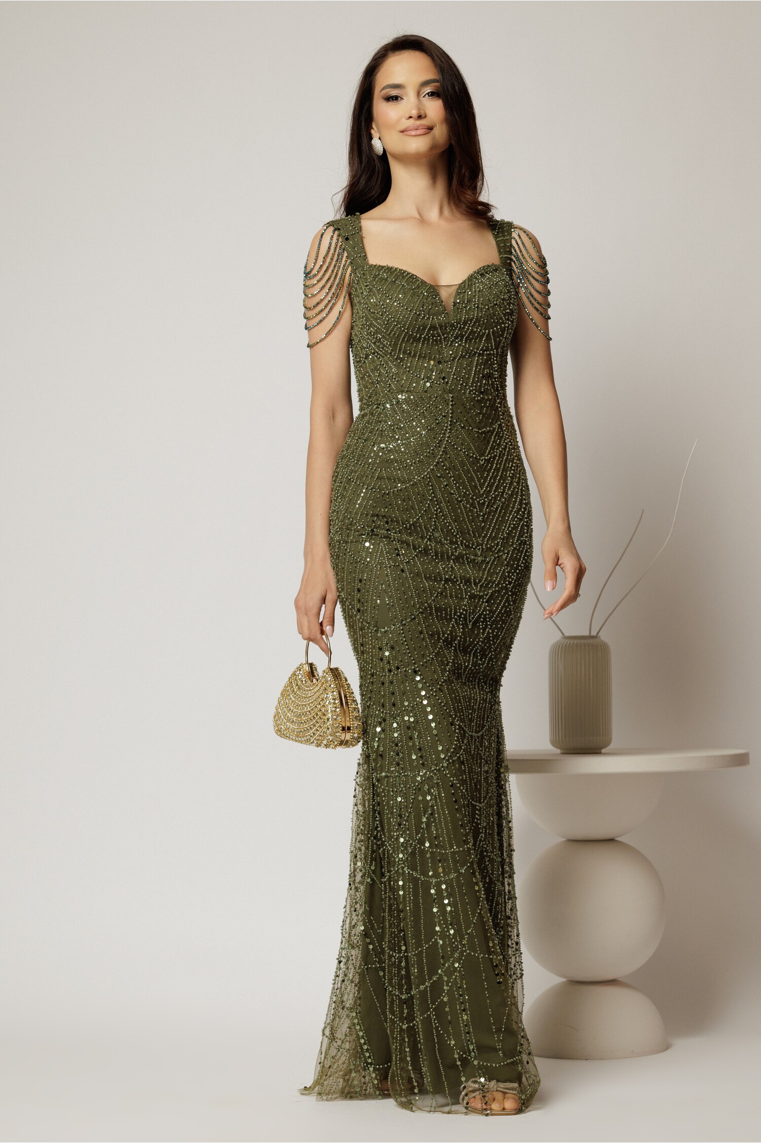 Rochie Sirena Kaki cu Paiete si Margele