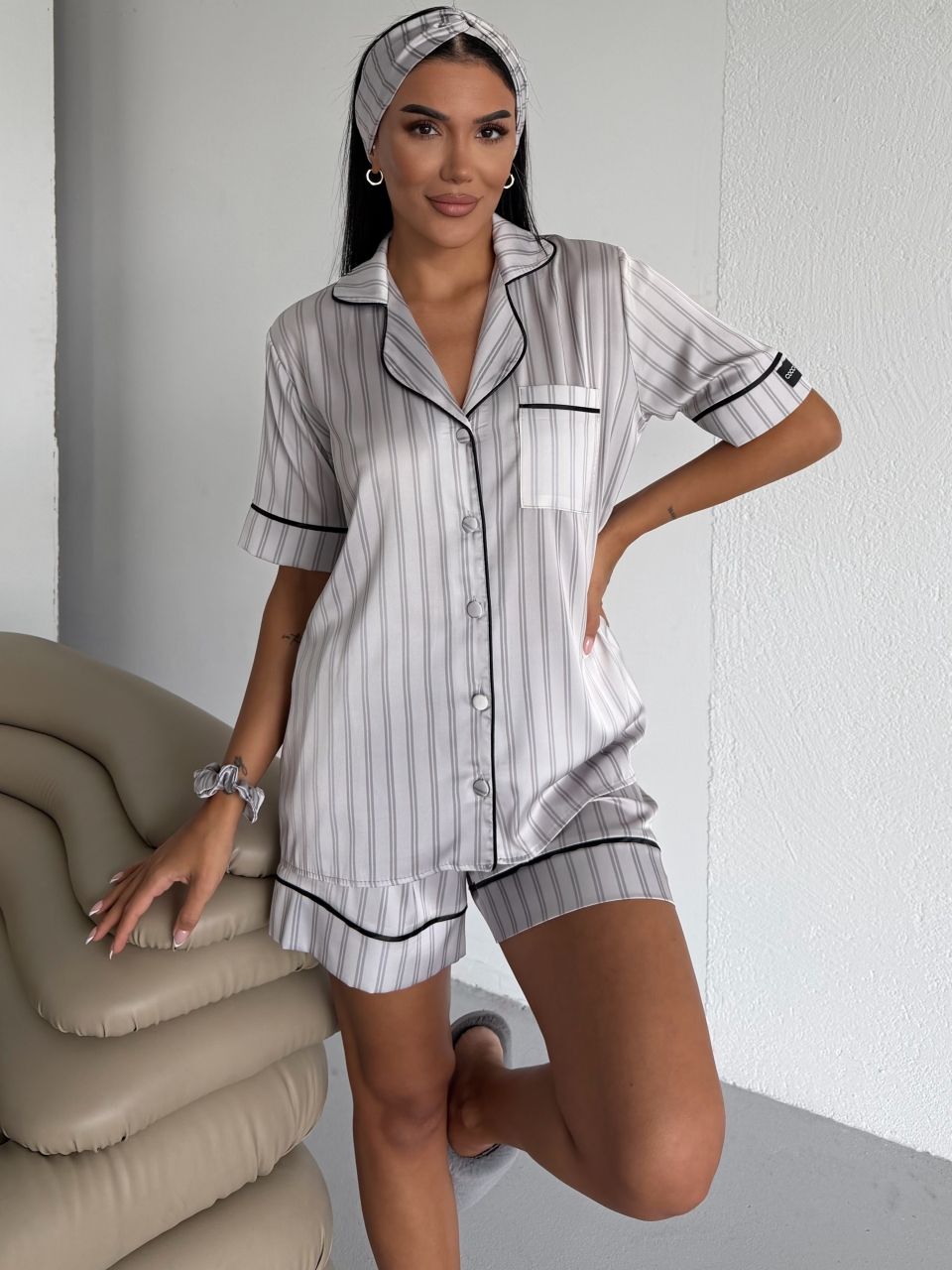 Set Pijama Dama 2 Piese Delis Gri cu Nasturi - imagine 5