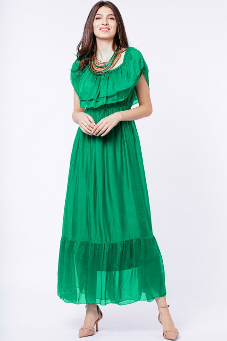 Rochie Shopika Verde Mătase & Vascoză cu Volan