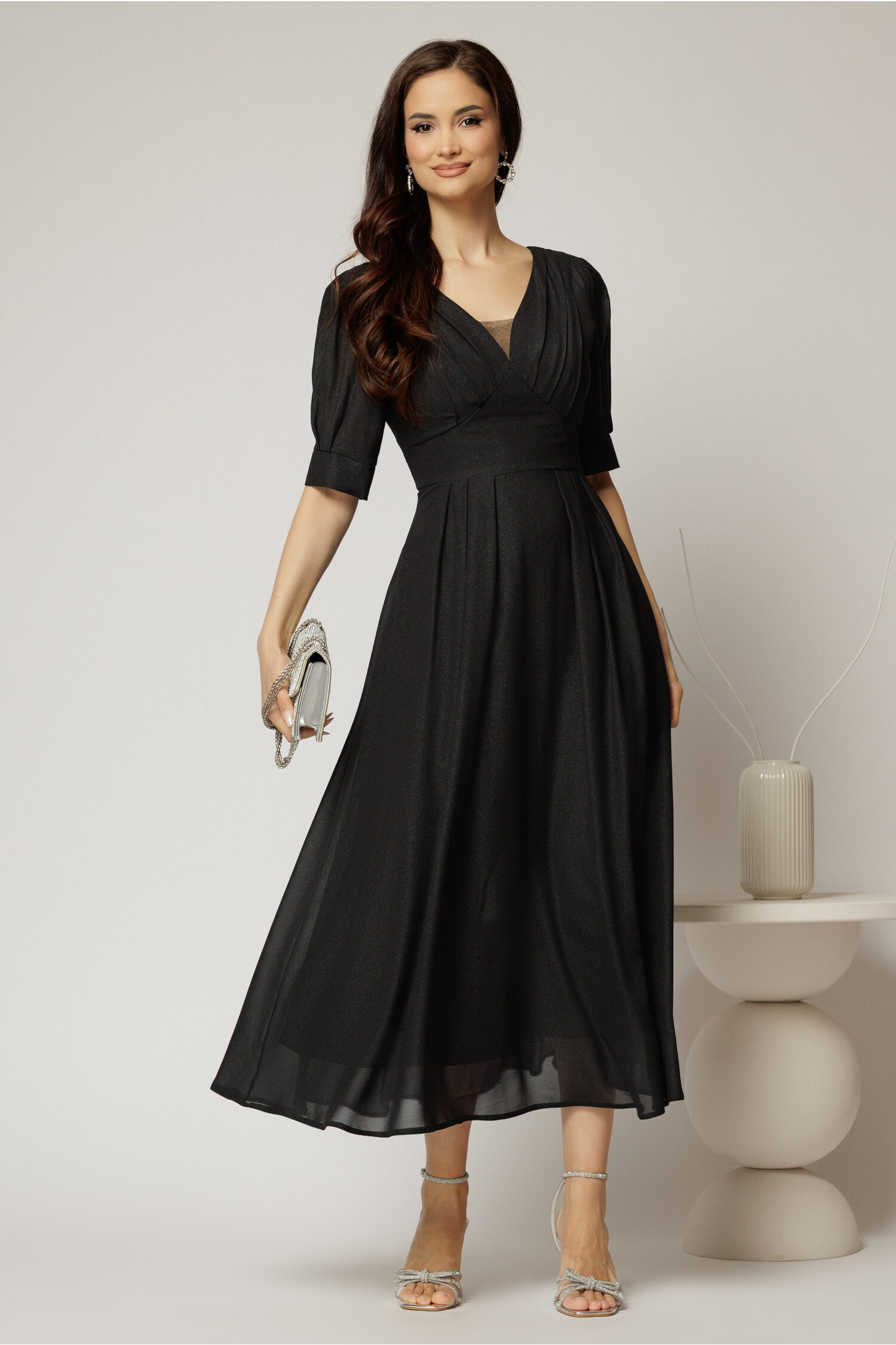 Rochie Neagră Sidef Elegantă cu Decolteu în V