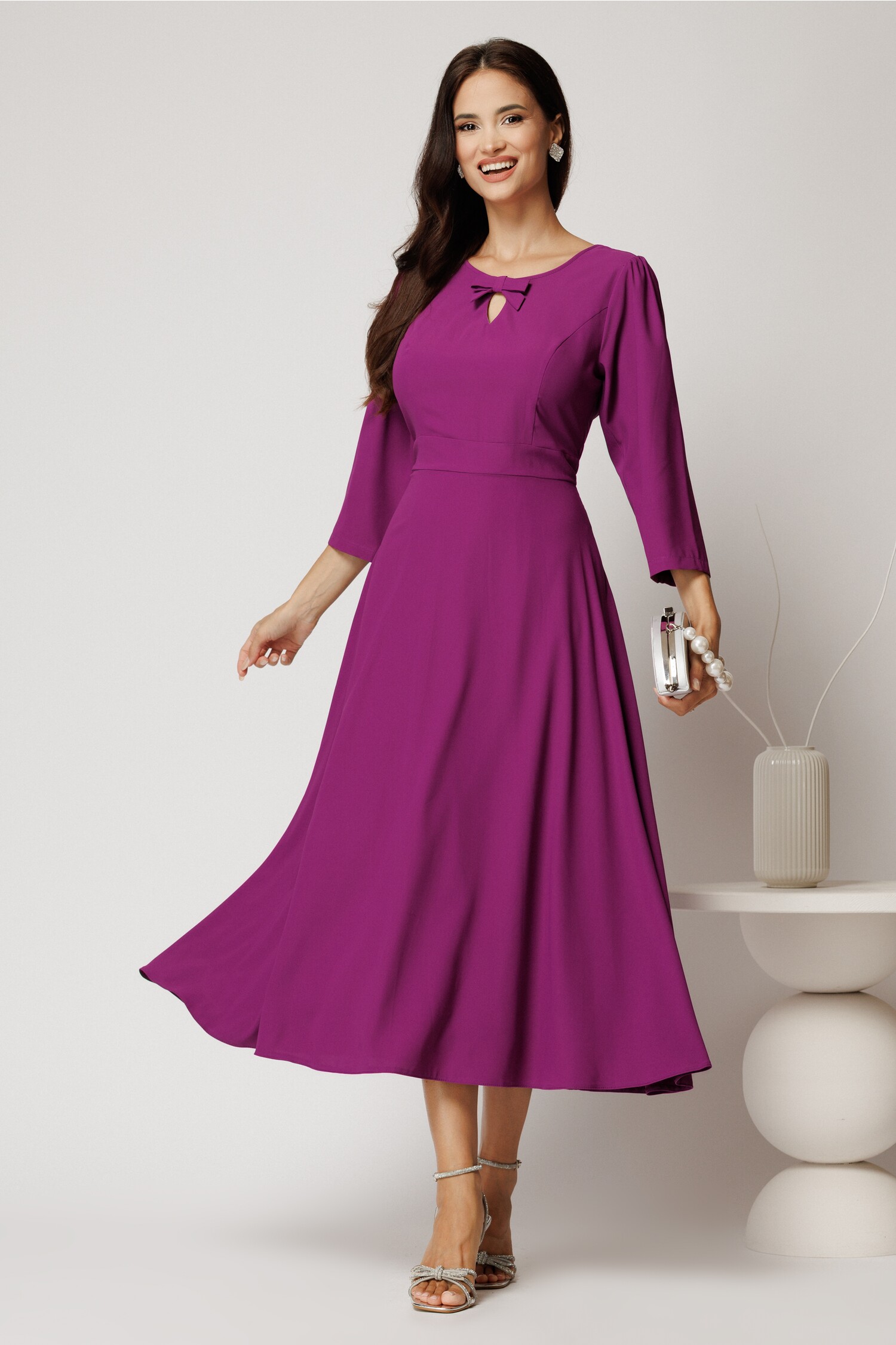 Rochie Midi Magenta Eleganta din Viscoza