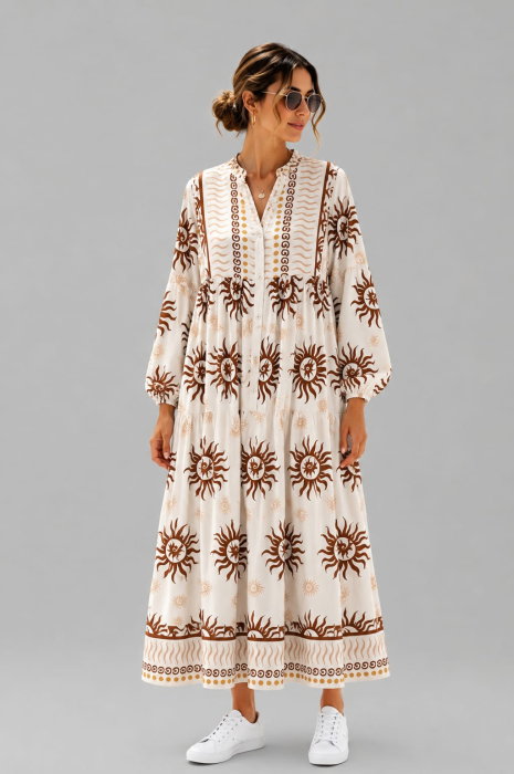 Rochie maxi din vascoza cu imprimeu solar si inspiratie boho, alb-maro