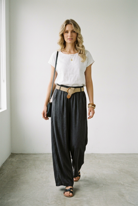 Pantaloni dama lejeri din tencel, cu talie elastica si curea, gri inchis