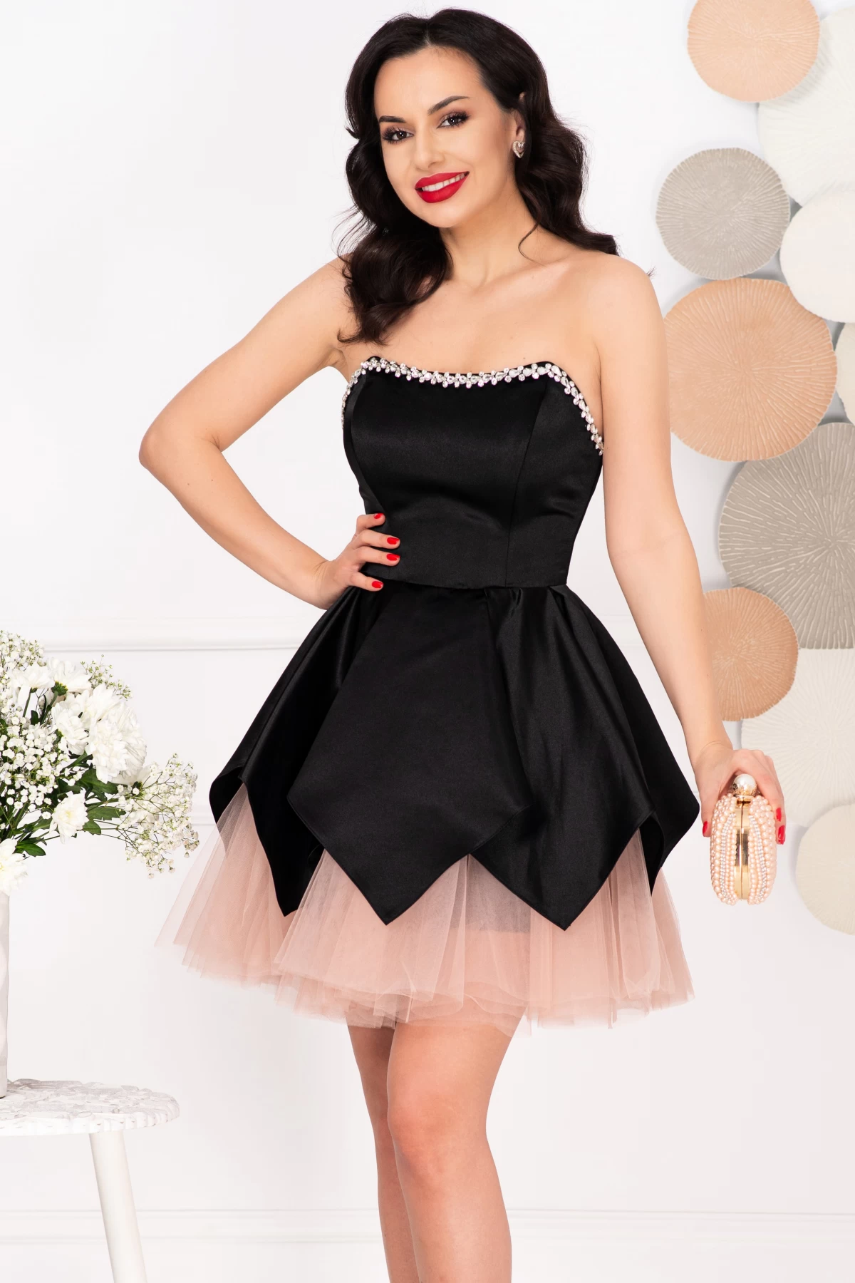 Rochie mini baby doll neagra Tinkerbell cu corset si strassuri