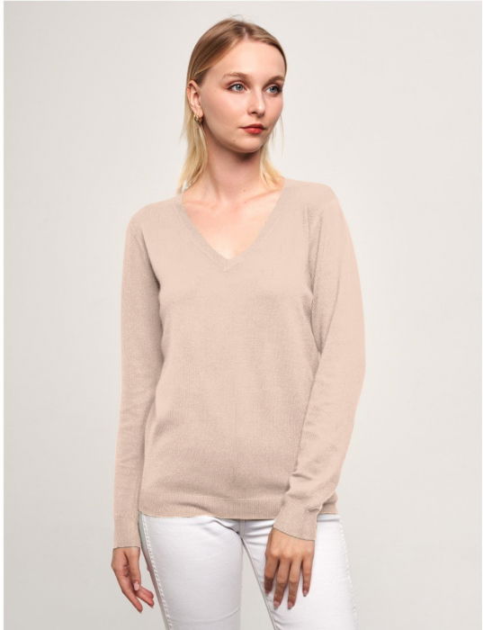 Pulover V-Neck Bej Tricot Fin | Shopika