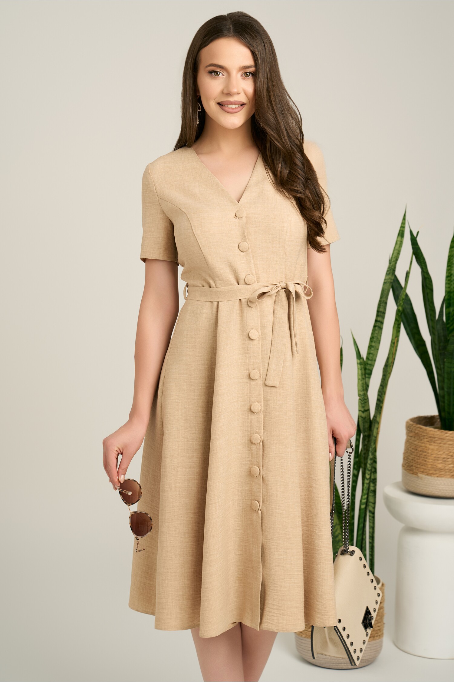 Rochie Midi Fluidă Bej cu Cordoană - Eleganță