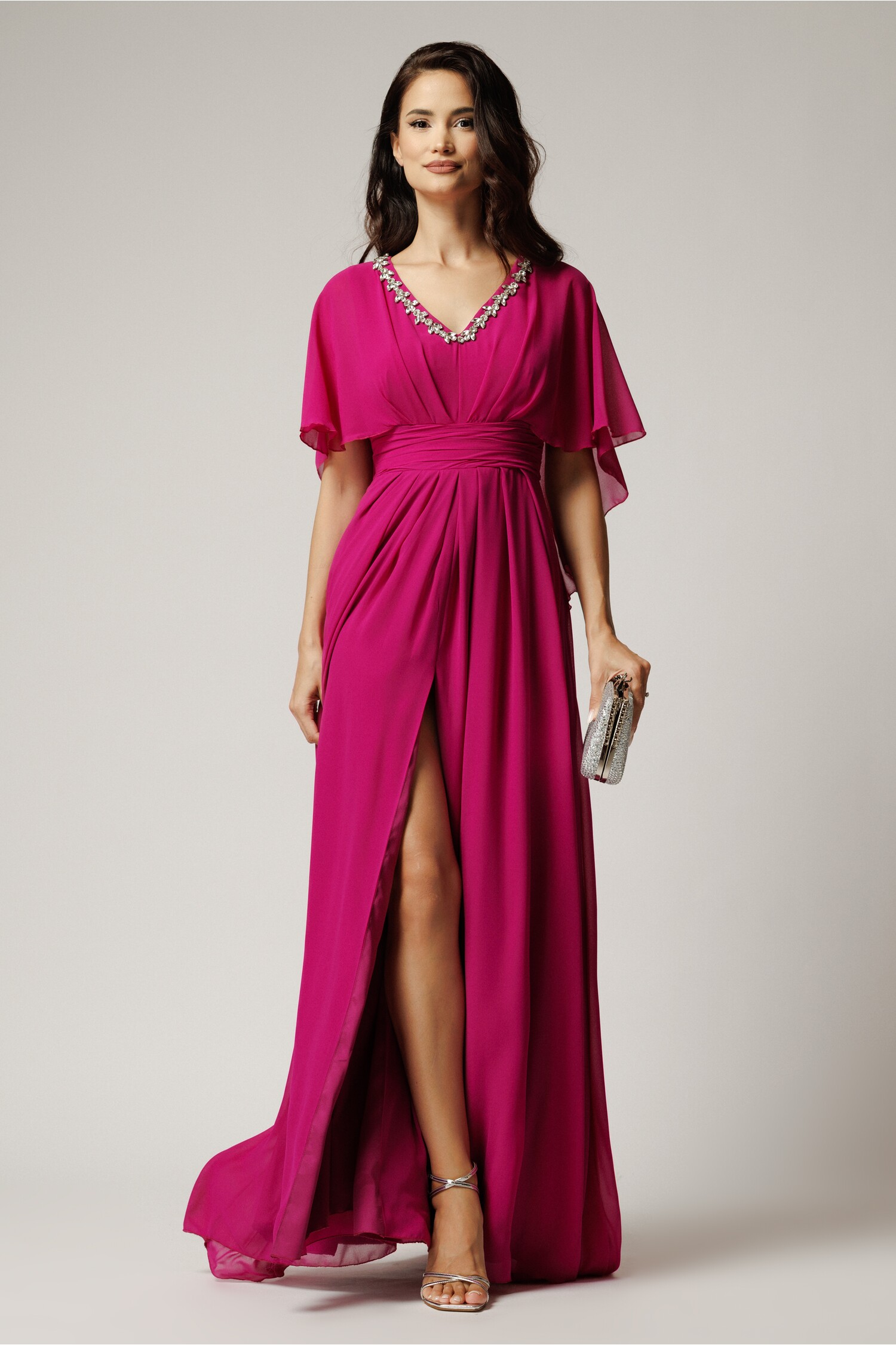 Rochie lungă magenta voal cu strasuri elegantă