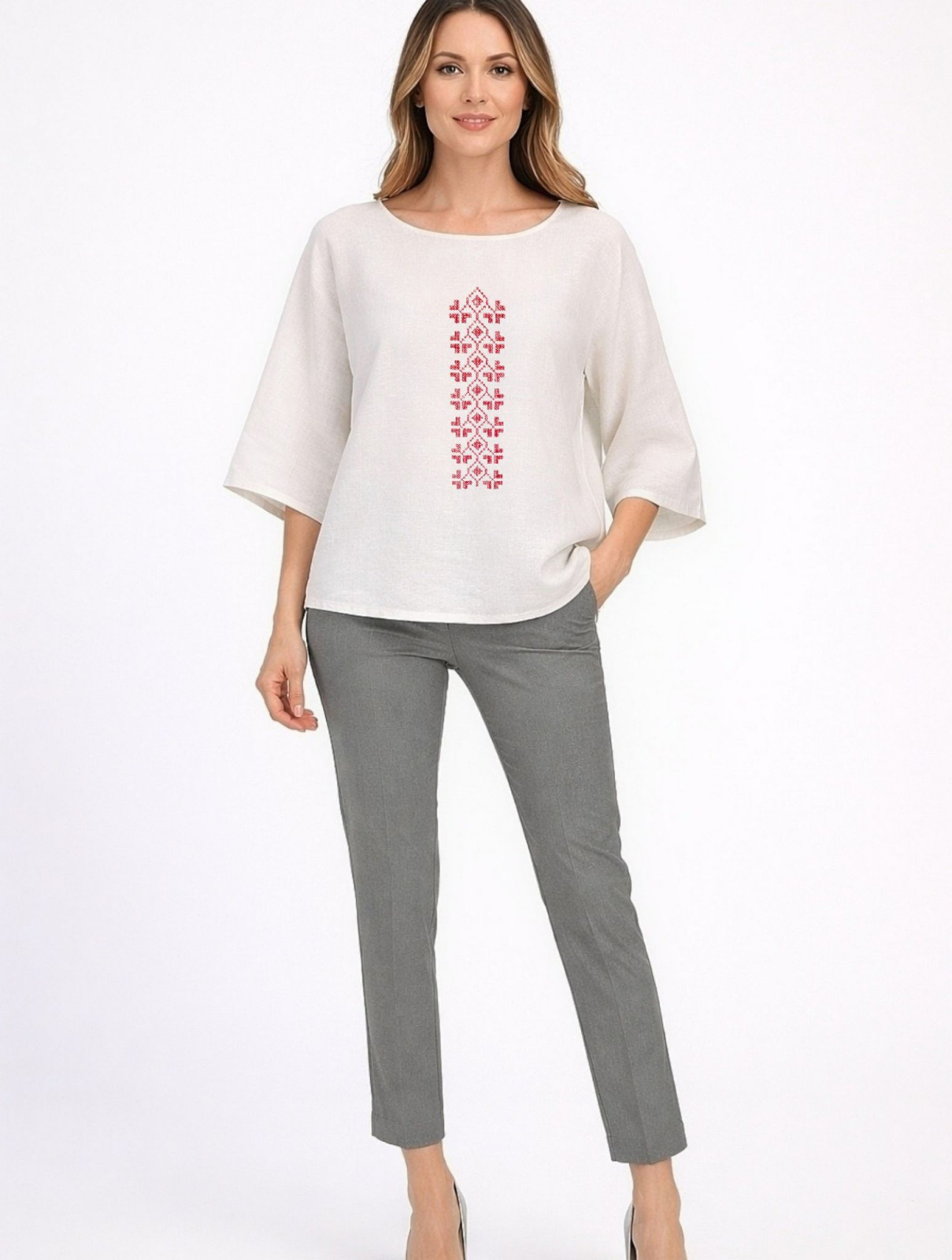 Bluza din bumbac cu broderie inspiratie etno Frunza Trifoi - Marime unica