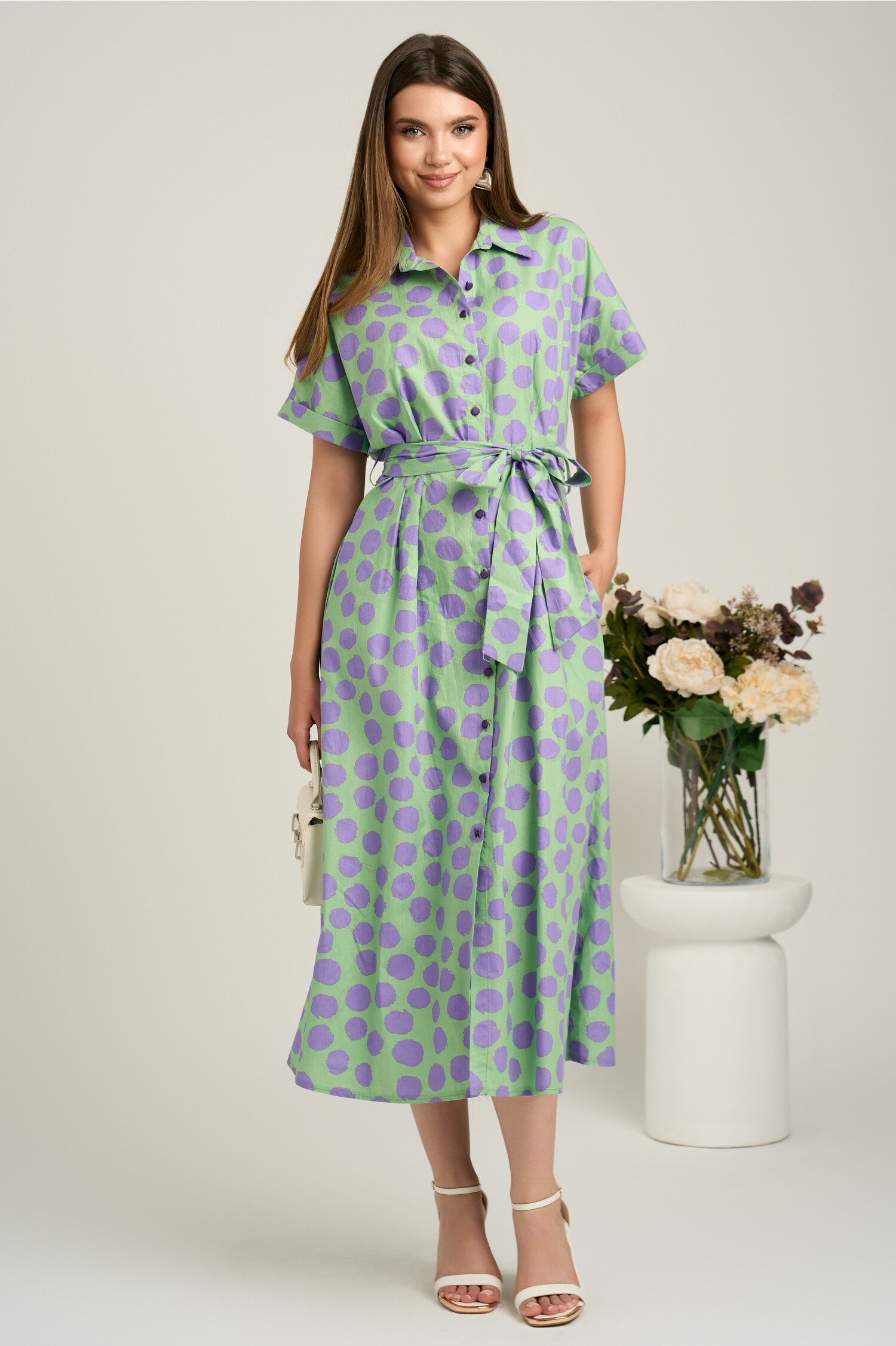 Rochie Midi Verde Viscoza cu Nasturi si Cordon
